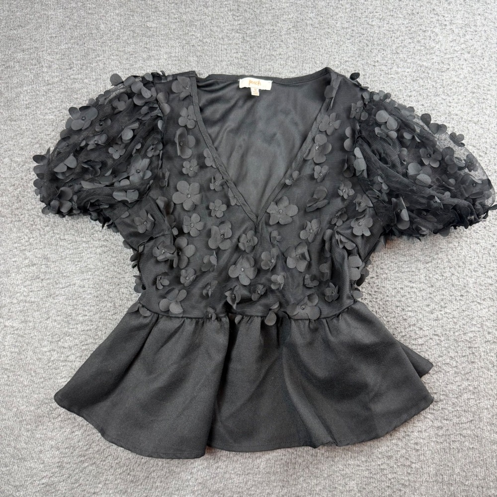 Peach Peplum Top Women's Medium Black 3D Floral Applique Puff Sleeve YT6408B